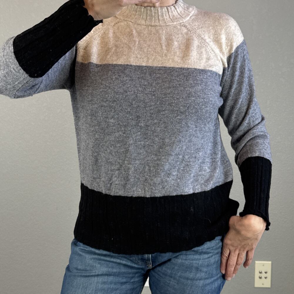 Griffin Womens Crew Neck Colorblock Sweater Size XL Tan Gray Black Cashmere Wool